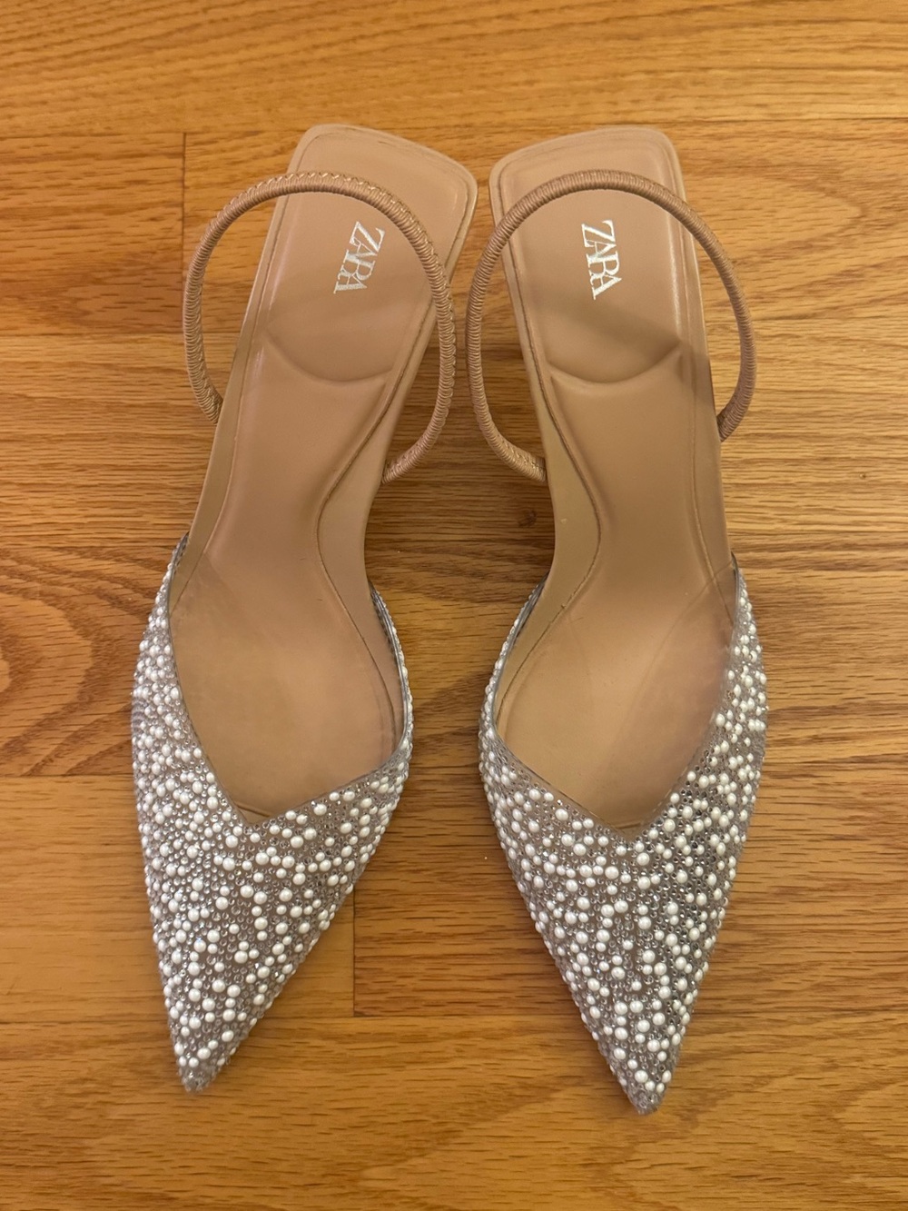 ZARA Silver Pearl-Embellished Pointed Slingback Heels